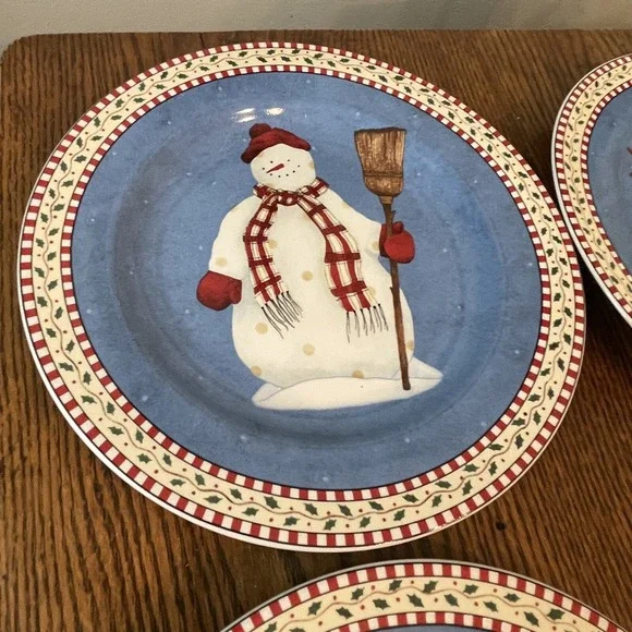 Sakura Snowman Debbie Mumm Set- 4 Christmas 8 1/4" Lunch Salad Plates Stoneware - Picture 5 of 11
